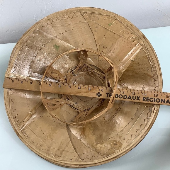 VTG Asian Wicker Bamboo Hat hand painted Gardening Beach Field Handmade SZ OSFM - Picture 11 of 12